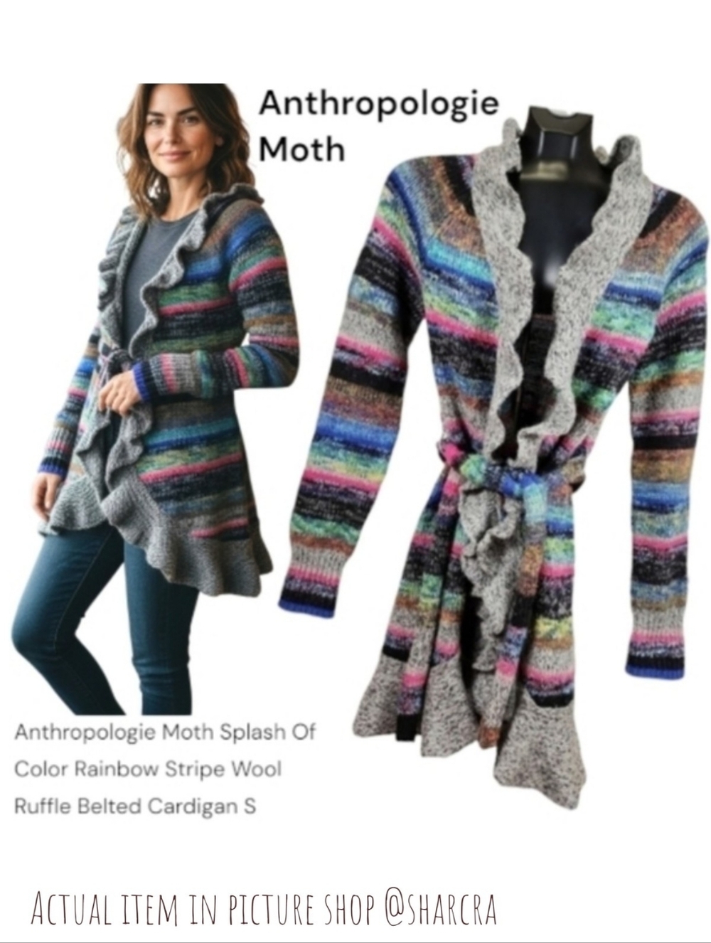 Anthropologie Moth Women's Splash Of Color Rainbow Stripe Ruffle Cardigan Top S
